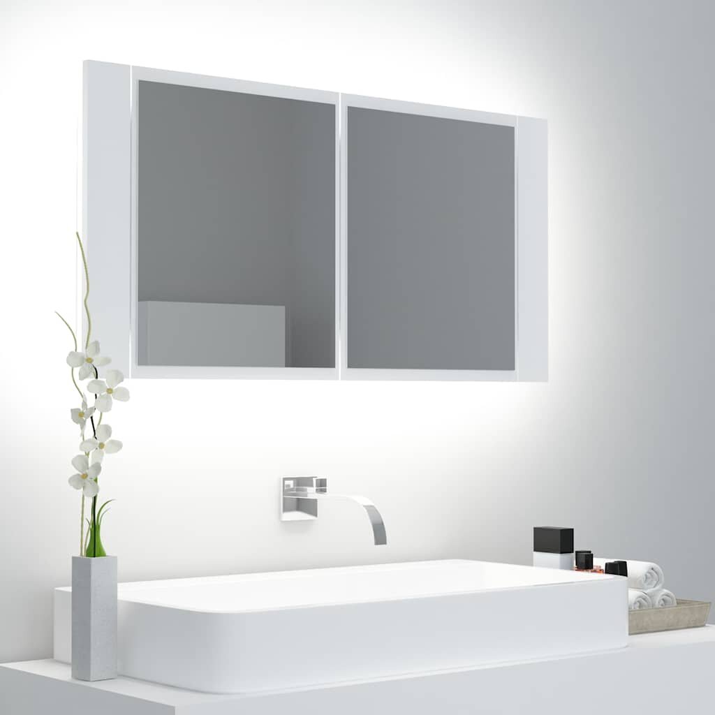 vidaXL Шкаф с LED огледало за баня бял 90x12x45 см акрил