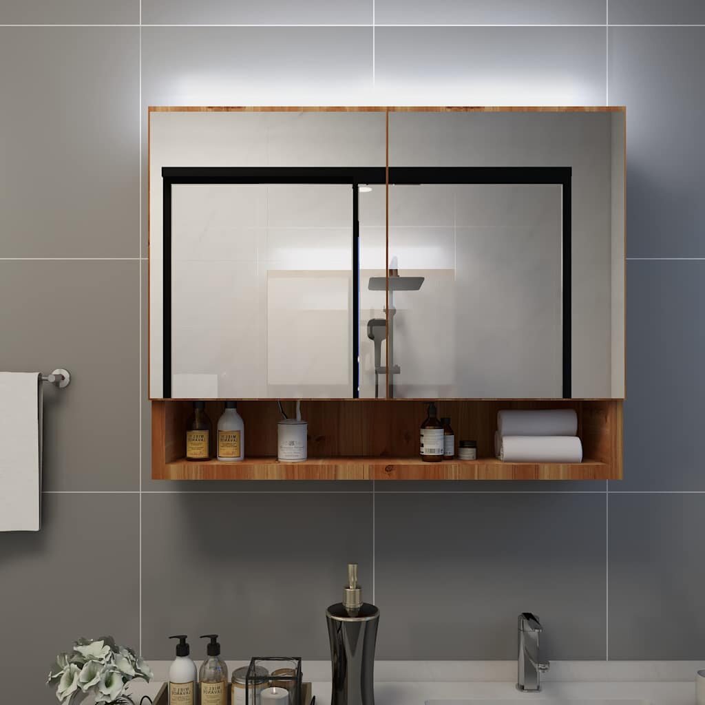 vidaXL Шкаф с LED огледало за баня дъб 80x15x60 см МДФ