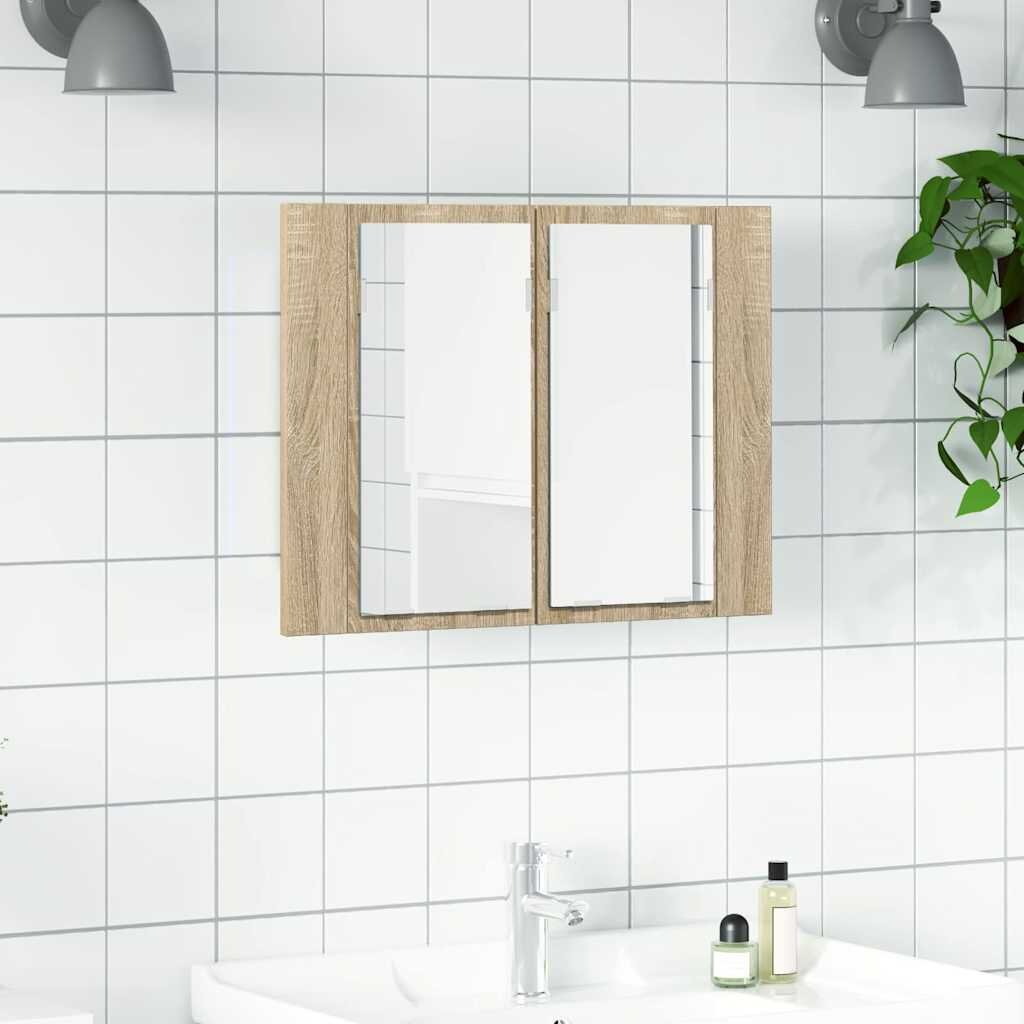 vidaXL Шкаф с LED огледало за баня дъб сонома 60x12x45 см акрил