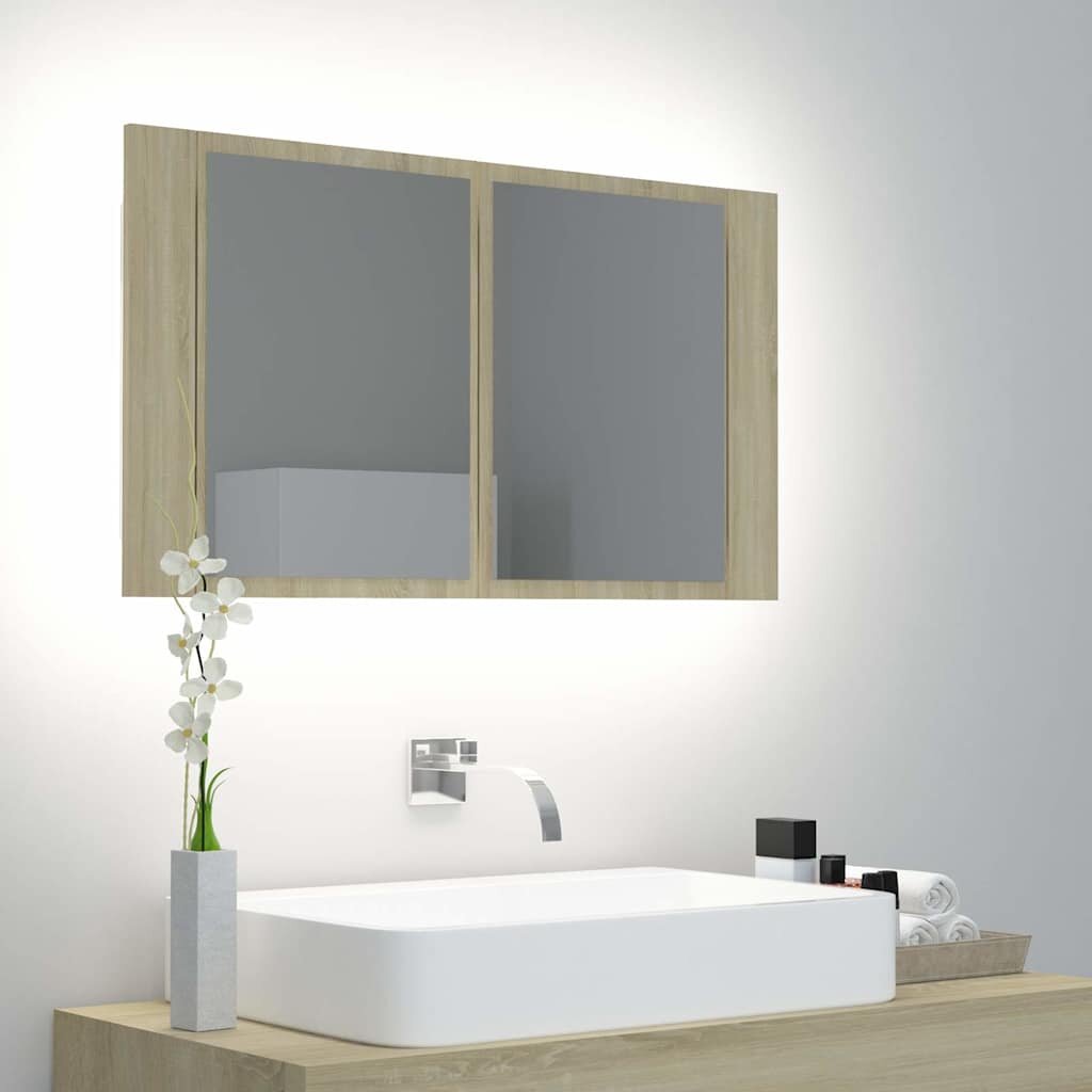 vidaXL Шкаф с LED огледало за баня дъб сонома 80x12x45 см акрил