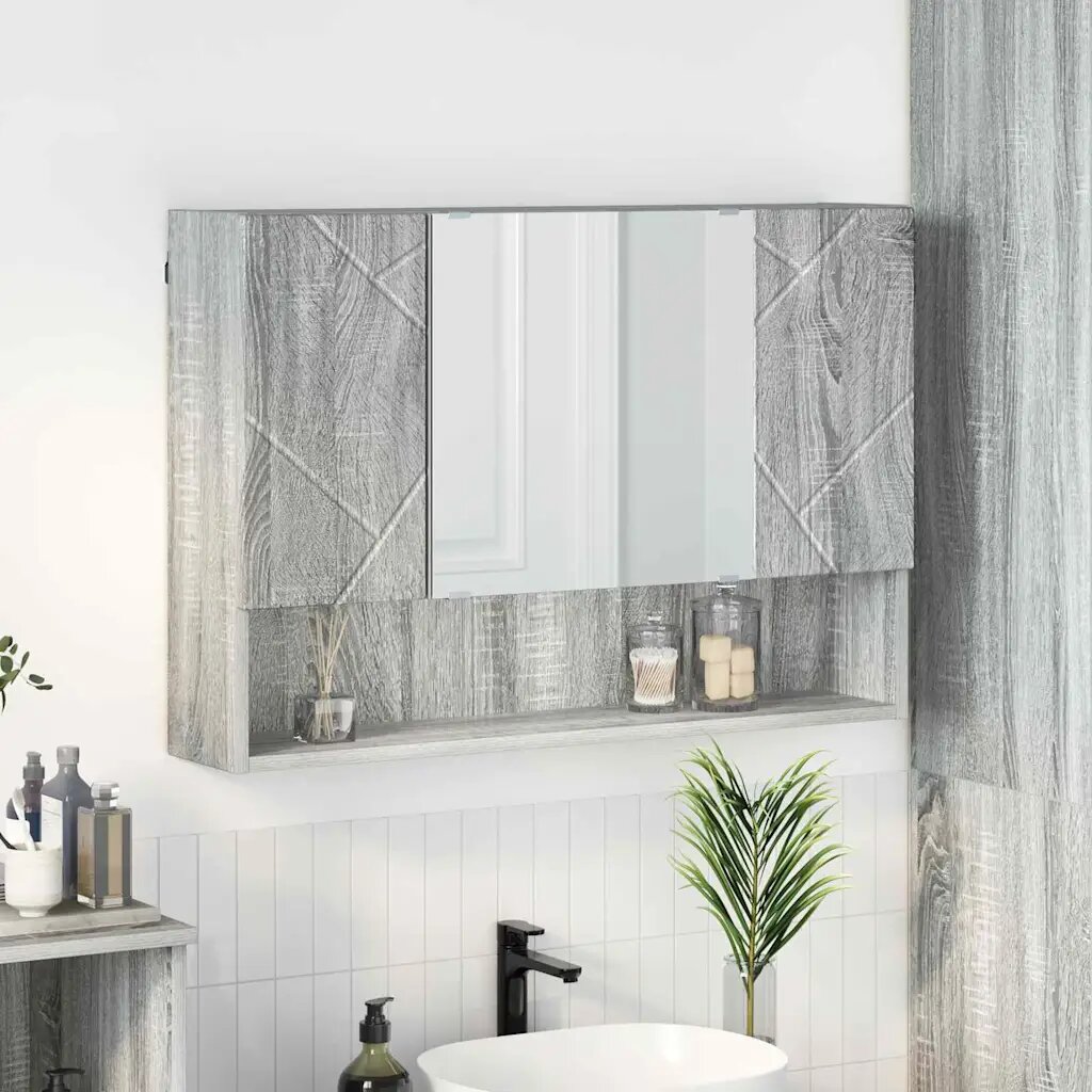 vidaXL Шкаф с огледало Сив Сонома 80 x 17 x 55 см Инженерно дърво