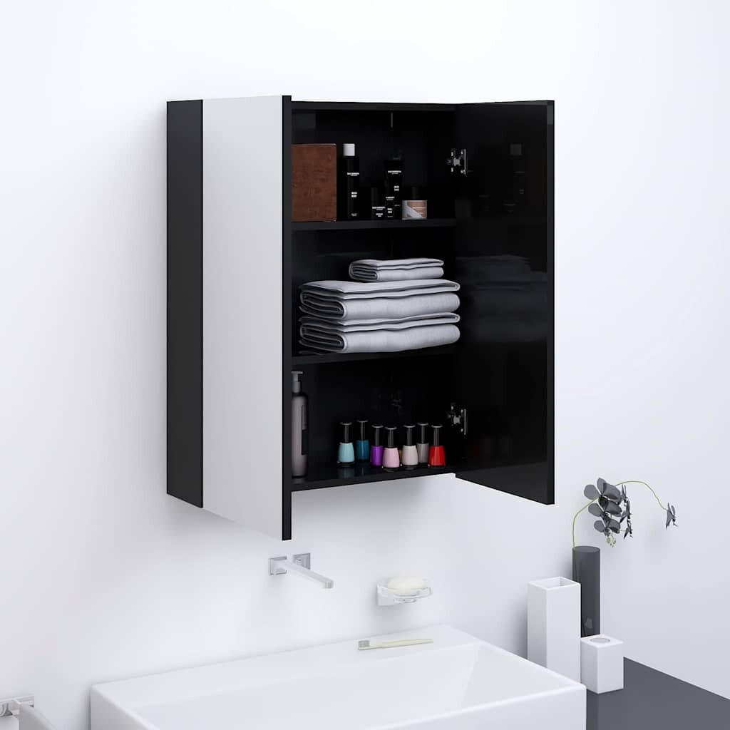 vidaXL Шкаф с огледало за баня 60x15x75 см МДФ черен гланц