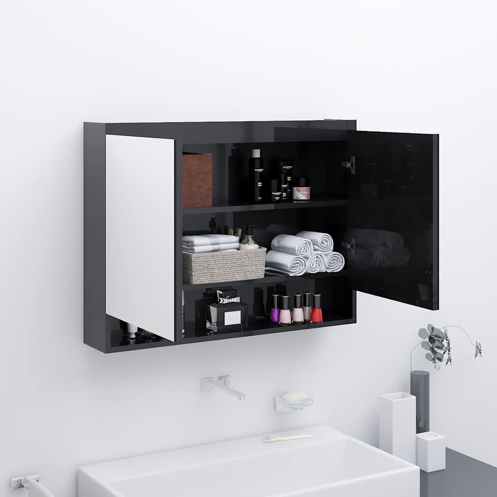 vidaXL Шкаф с огледало за баня 80x15x60 см МДФ сияйно черно