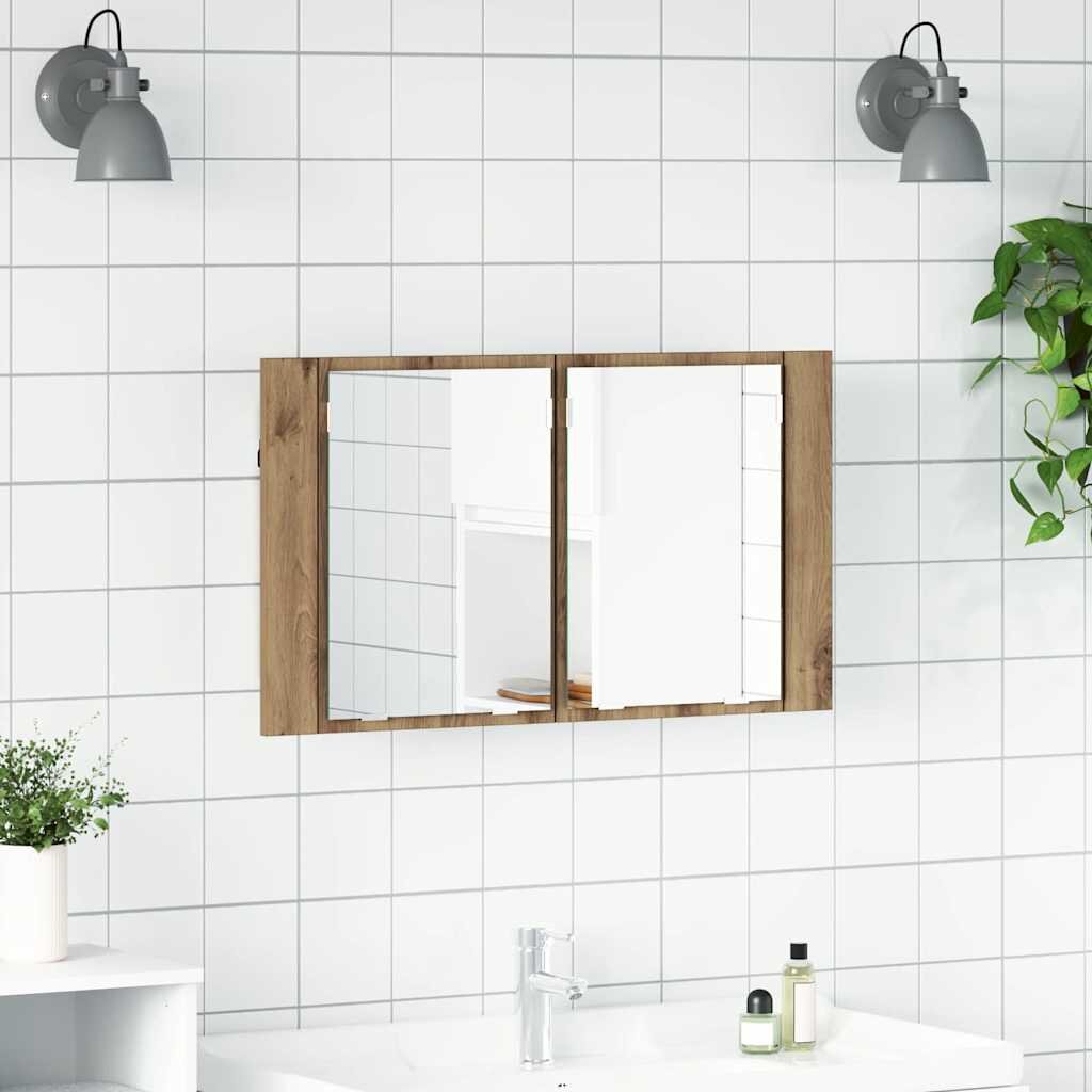 vidaXL Шкаф с огледало за баня Дъб 80 x 12 x 45 см Инженерна дървесина
