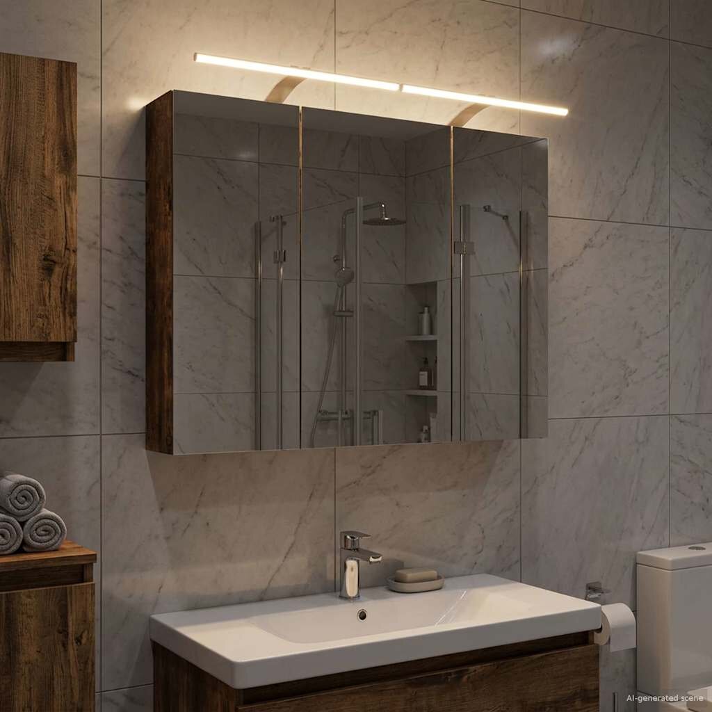 vidaXL Шкаф с огледало за баня Димян дъб 100 x 145 x 70 см