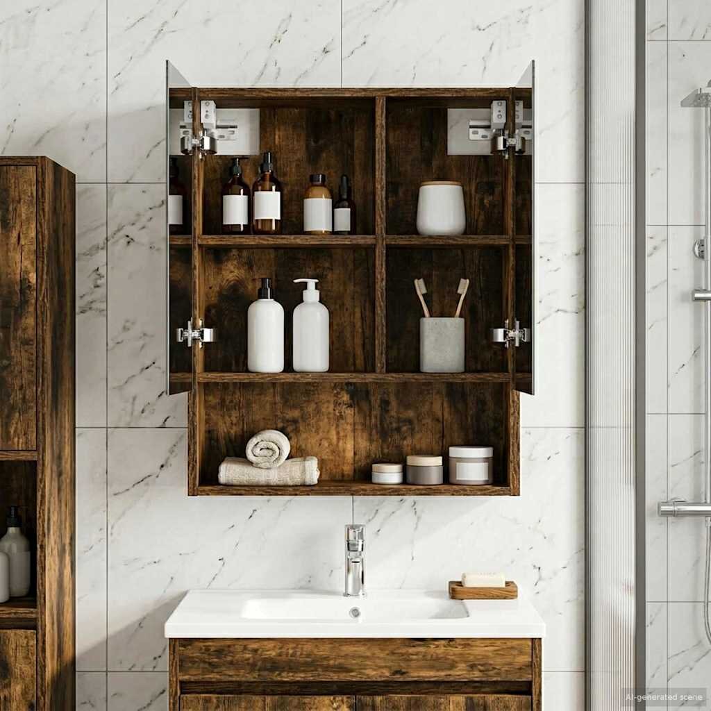 vidaXL Шкаф с огледало за баня Димян дъб 50 x 145 x 70 см