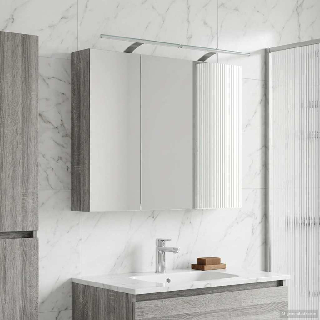 vidaXL Шкаф с огледало за баня Сив Сонома 100 x 145 x 70 см