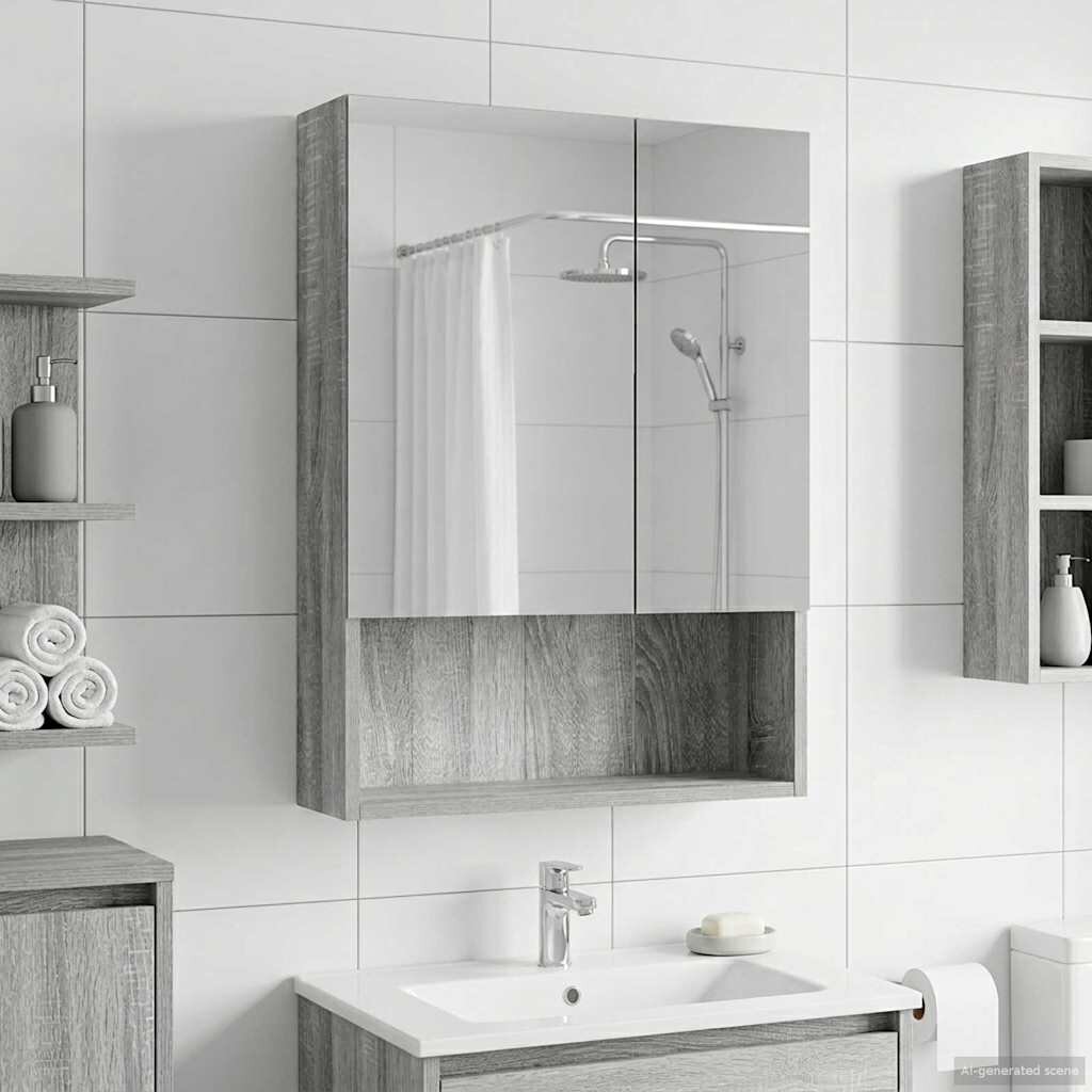 vidaXL Шкаф с огледало за баня Сив Сонома 50 x 145 x 70 см