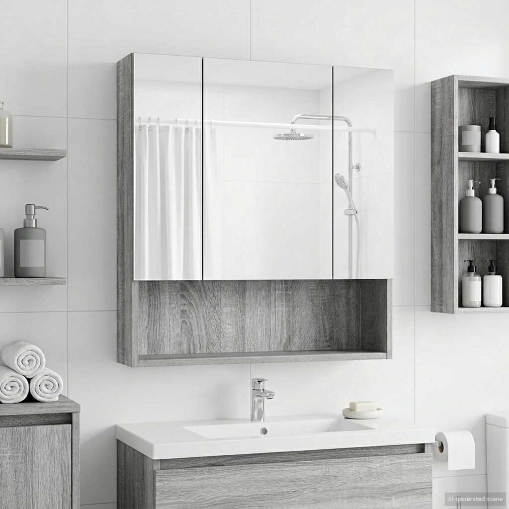 vidaXL Шкаф с огледало за баня Сив Сонома 60 x 14.5 x 70 см