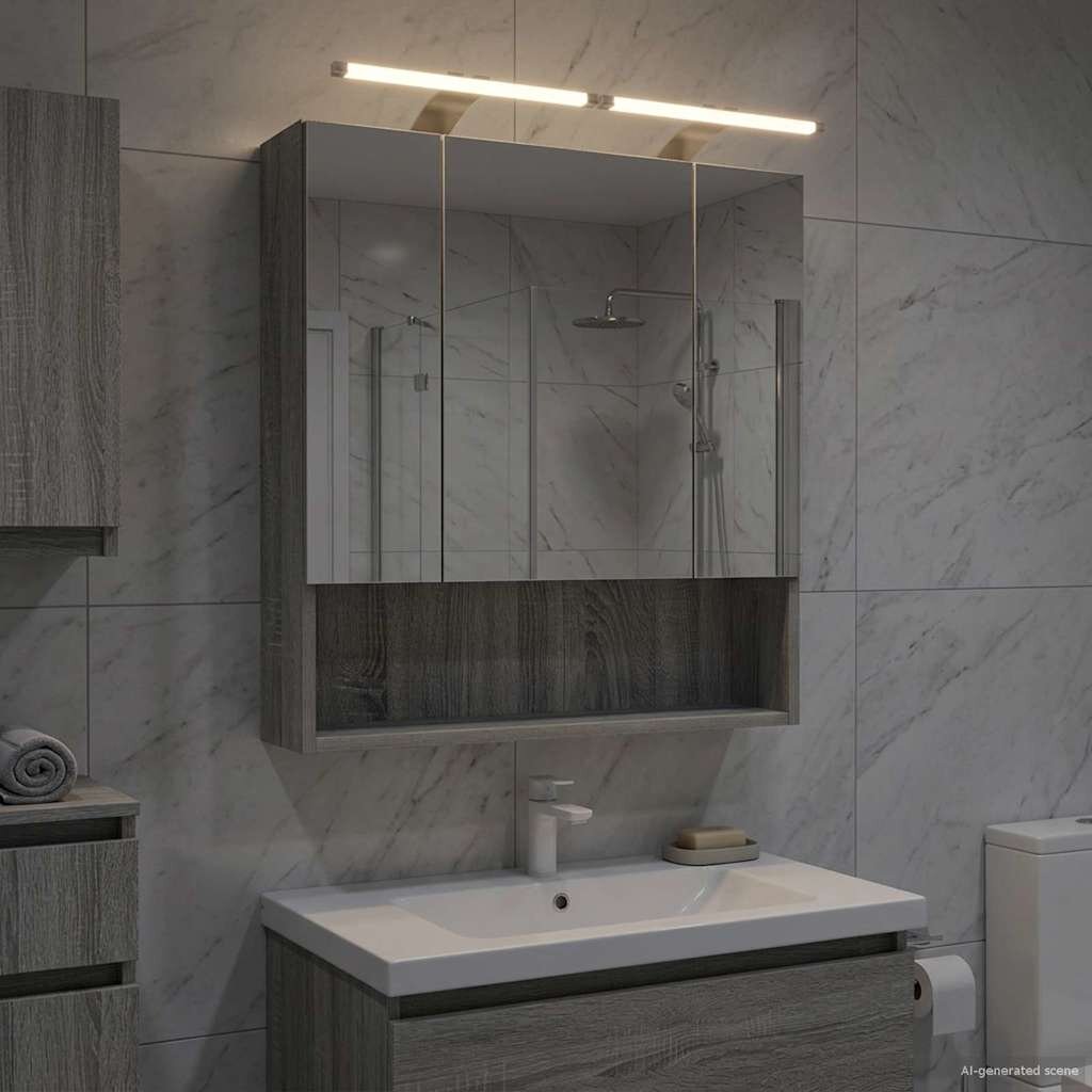 vidaXL Шкаф с огледало за баня Сив Сонома 60 x 14.5 x 70 см