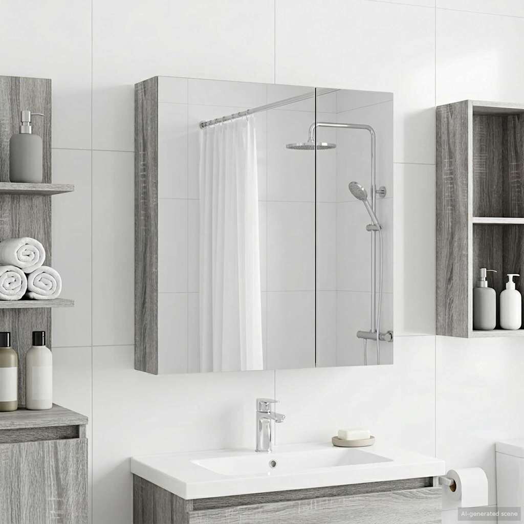 vidaXL Шкаф с огледало за баня Сив Сонома 60 x 145 x 70 см