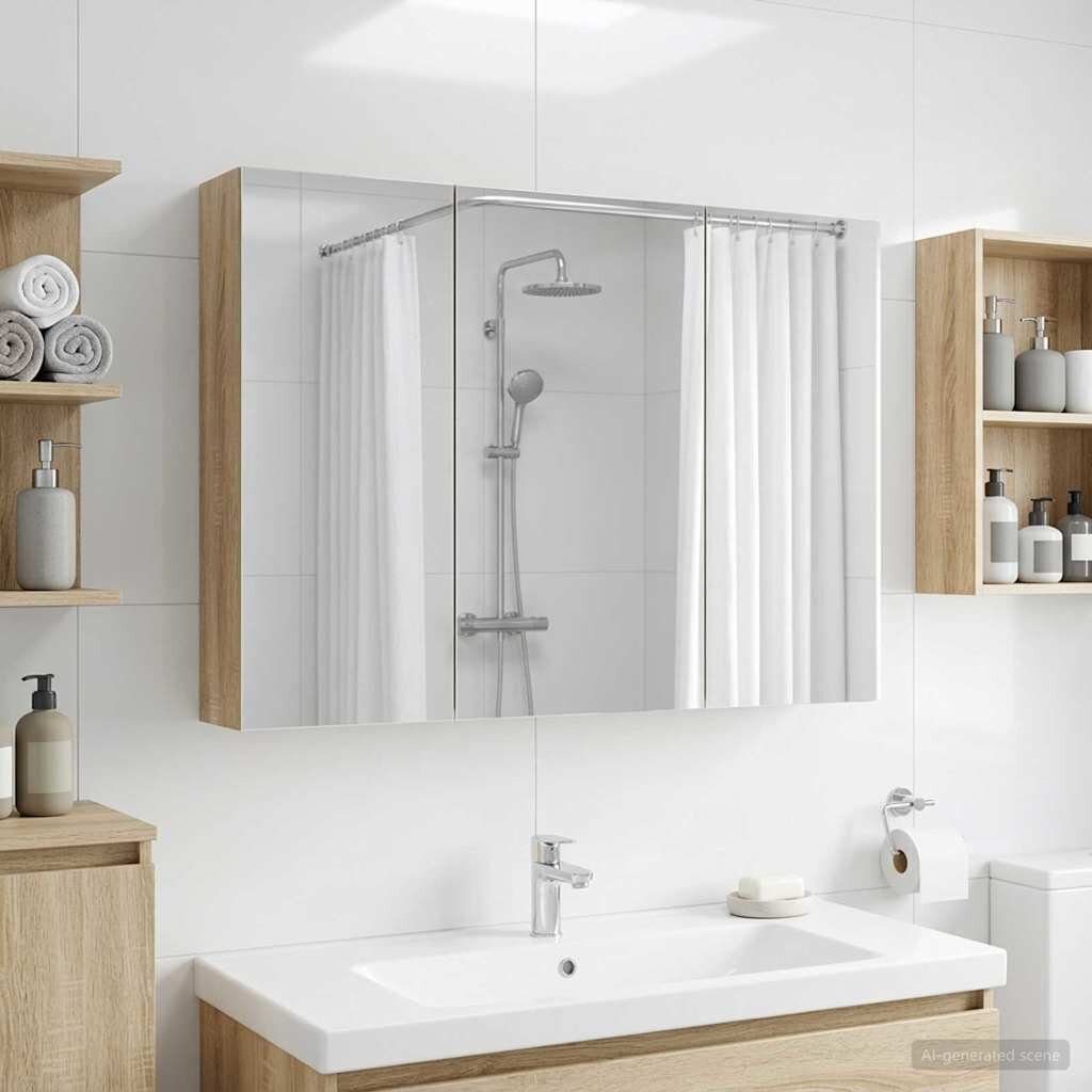 vidaXL Шкаф с огледало за баня Сонома дъб 100 x 145 x 70 см