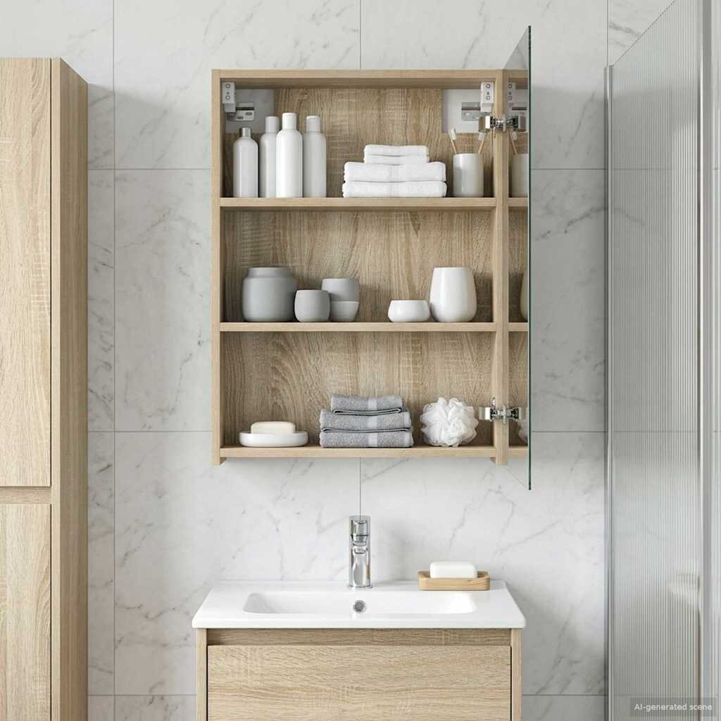 vidaXL Шкаф с огледало за баня Сонома дъб 50 x 145 x 70 см