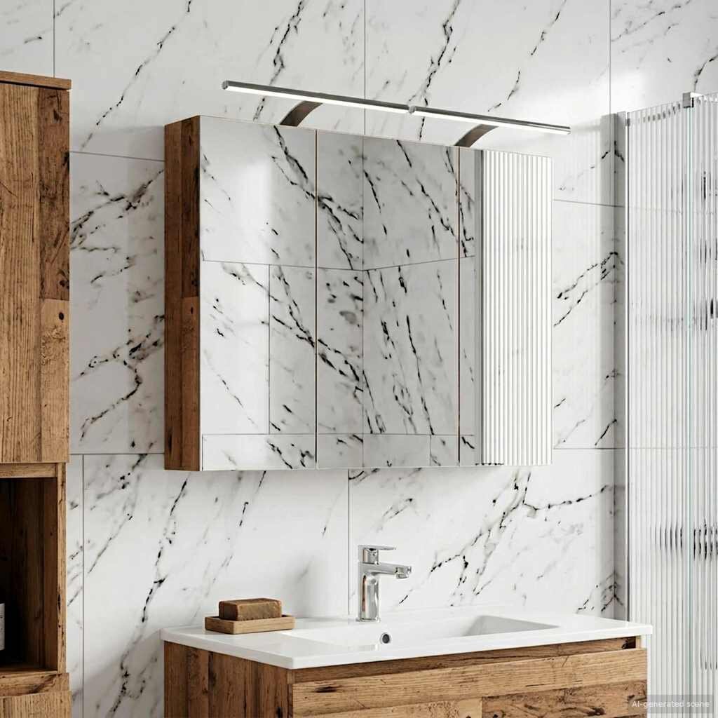 vidaXL Шкаф с огледало за баня Старо дърво 100 x 145 x 70 см