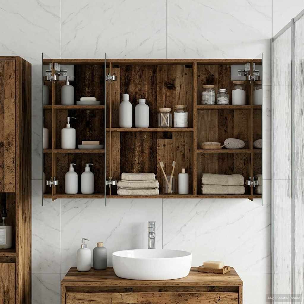 vidaXL Шкаф с огледало за баня Старо дърво 100 x 145 x 70 см