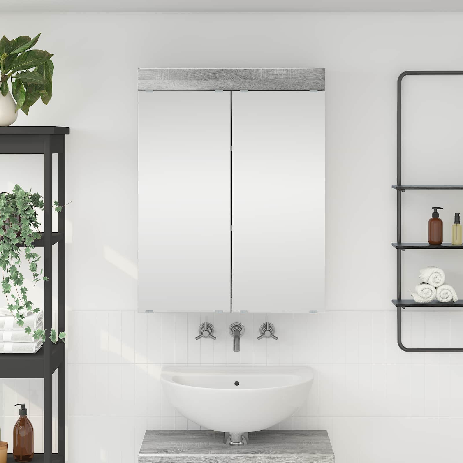 vidaXL Шкаф с огледало за баня TULUM Сив Сонома 60 x 165 x 78 см
