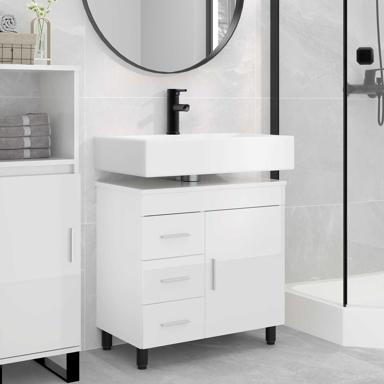 vidaXL Шкаф със светло за баня Бял гланц 60 x 35 x 60 см