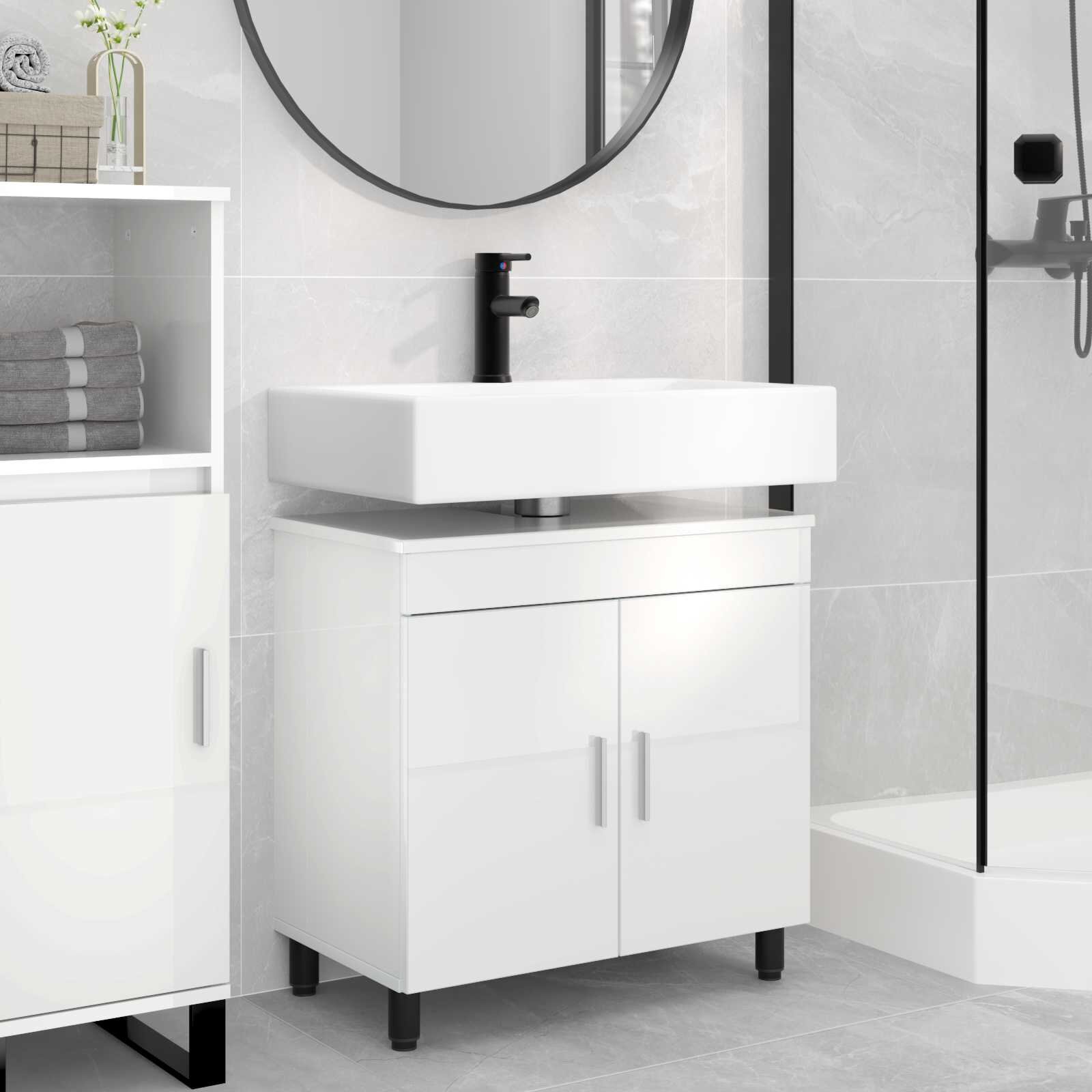 vidaXL Шкаф със светло за баня Бял гланц 60 x 35 x 60 см