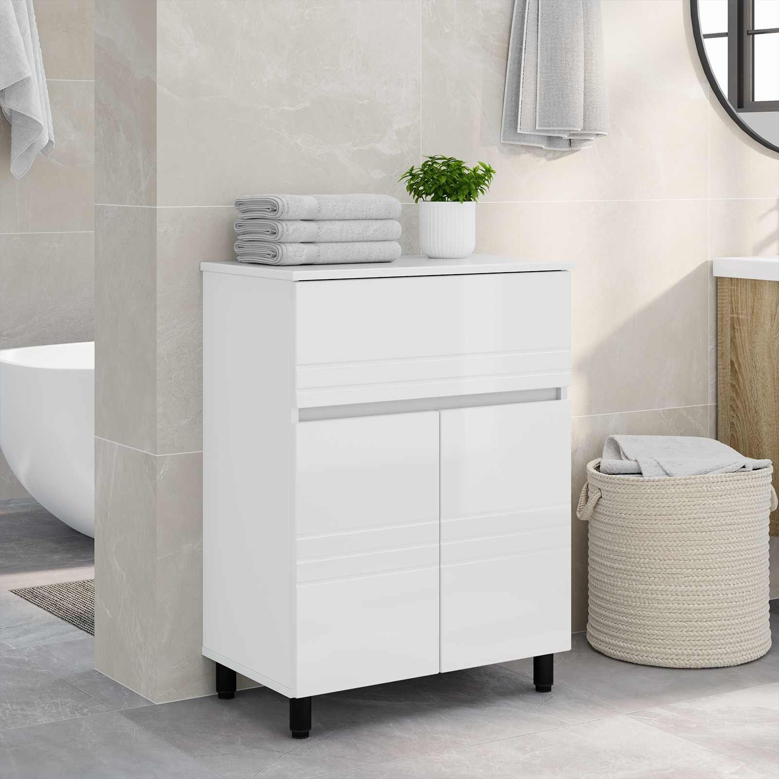 vidaXL Шкаф със светло за баня Бял гланц 60 x 35 x 80 см