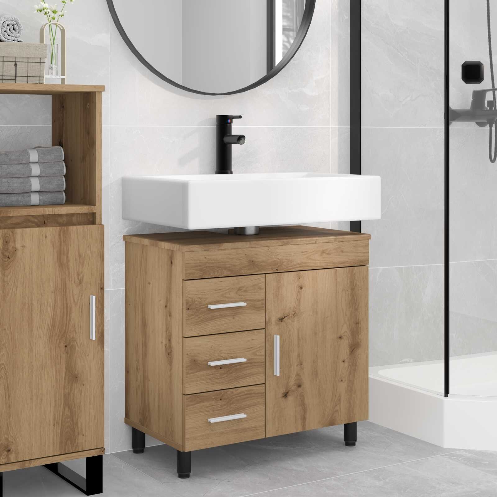 vidaXL Шкаф със светло за баня Дъб артизан 60 x 35 x 60 см