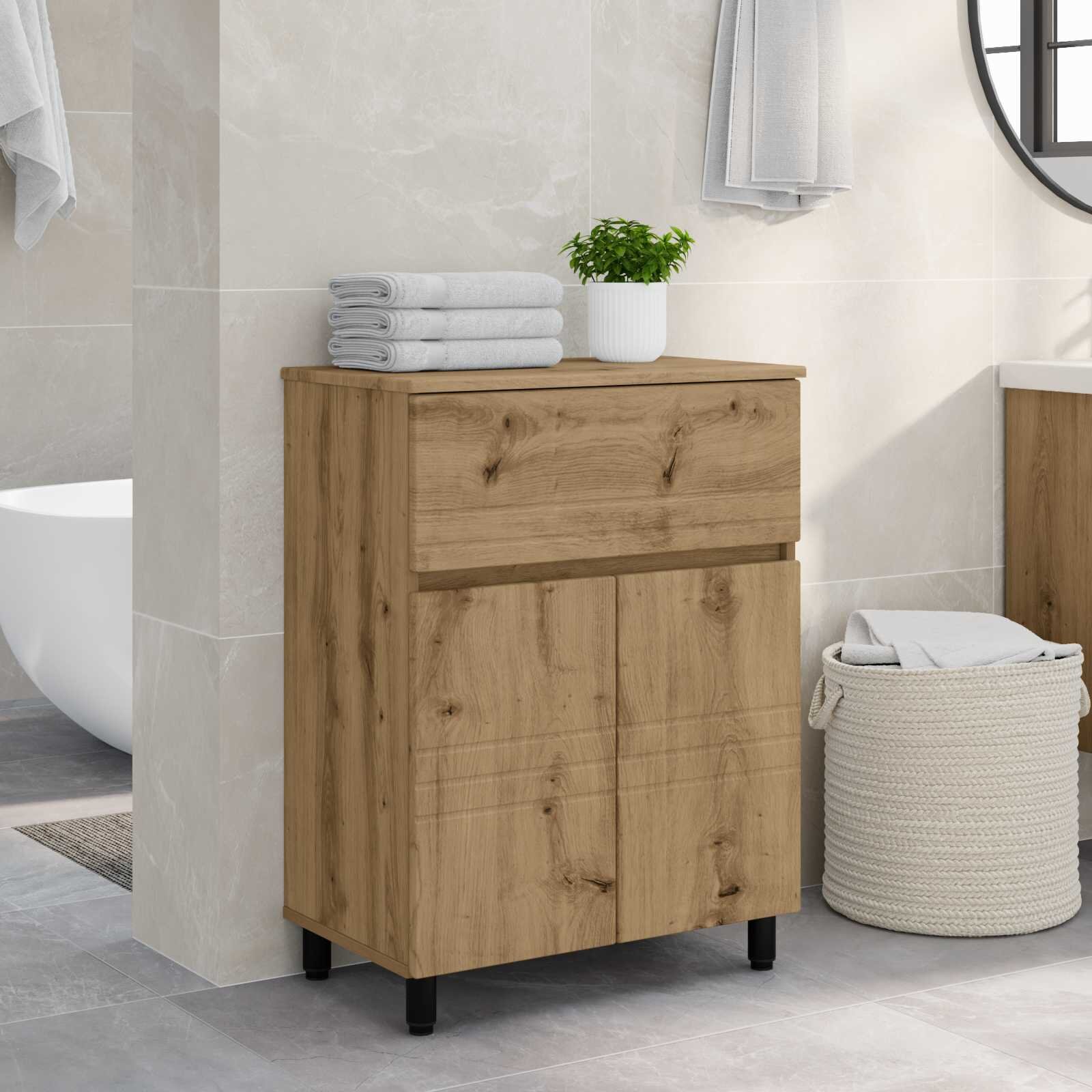 vidaXL Шкаф със светло за баня Дъб артизан 60 x 35 x 80 см