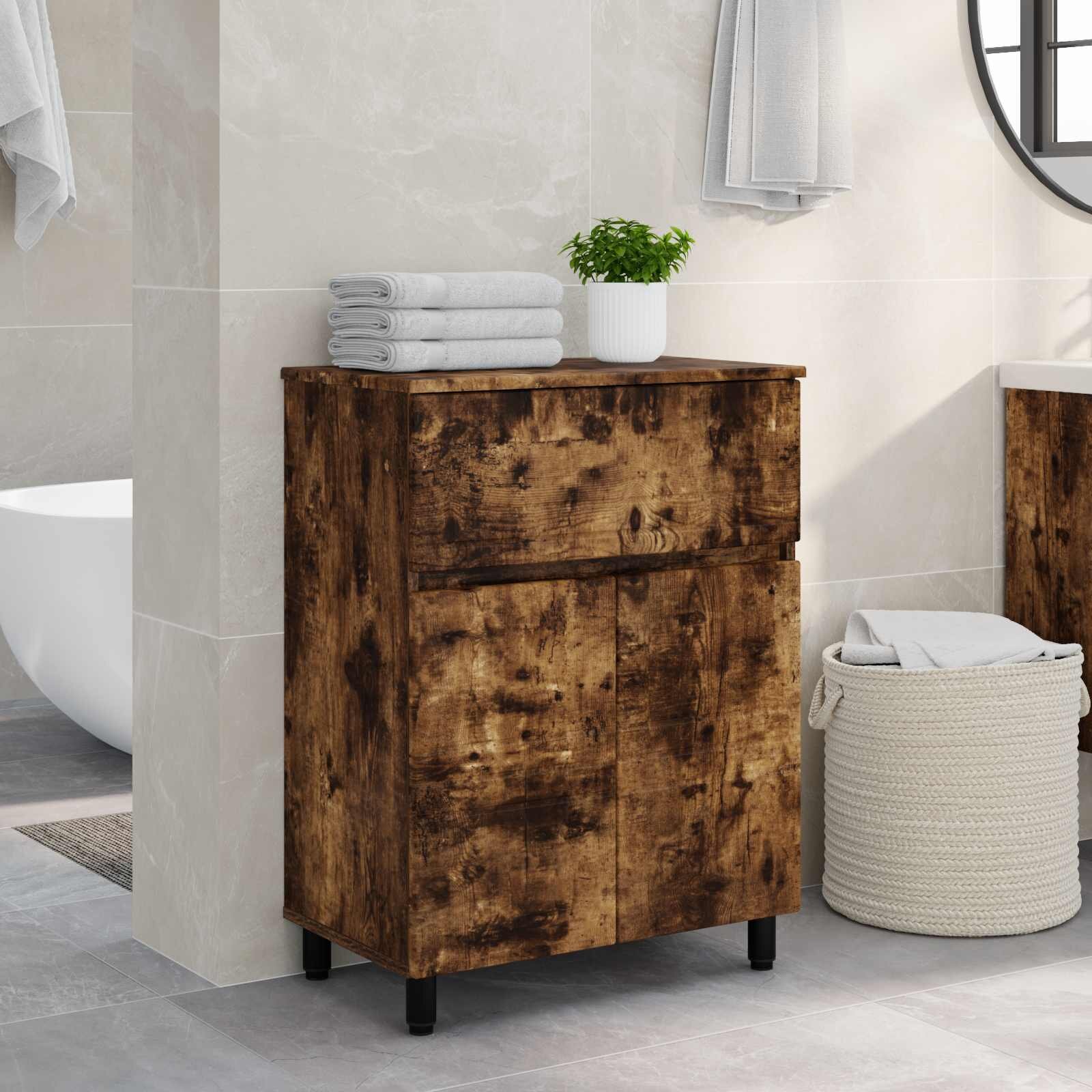 vidaXL Шкаф със светло за баня Опушен дъб 60 x 35 x 80 см