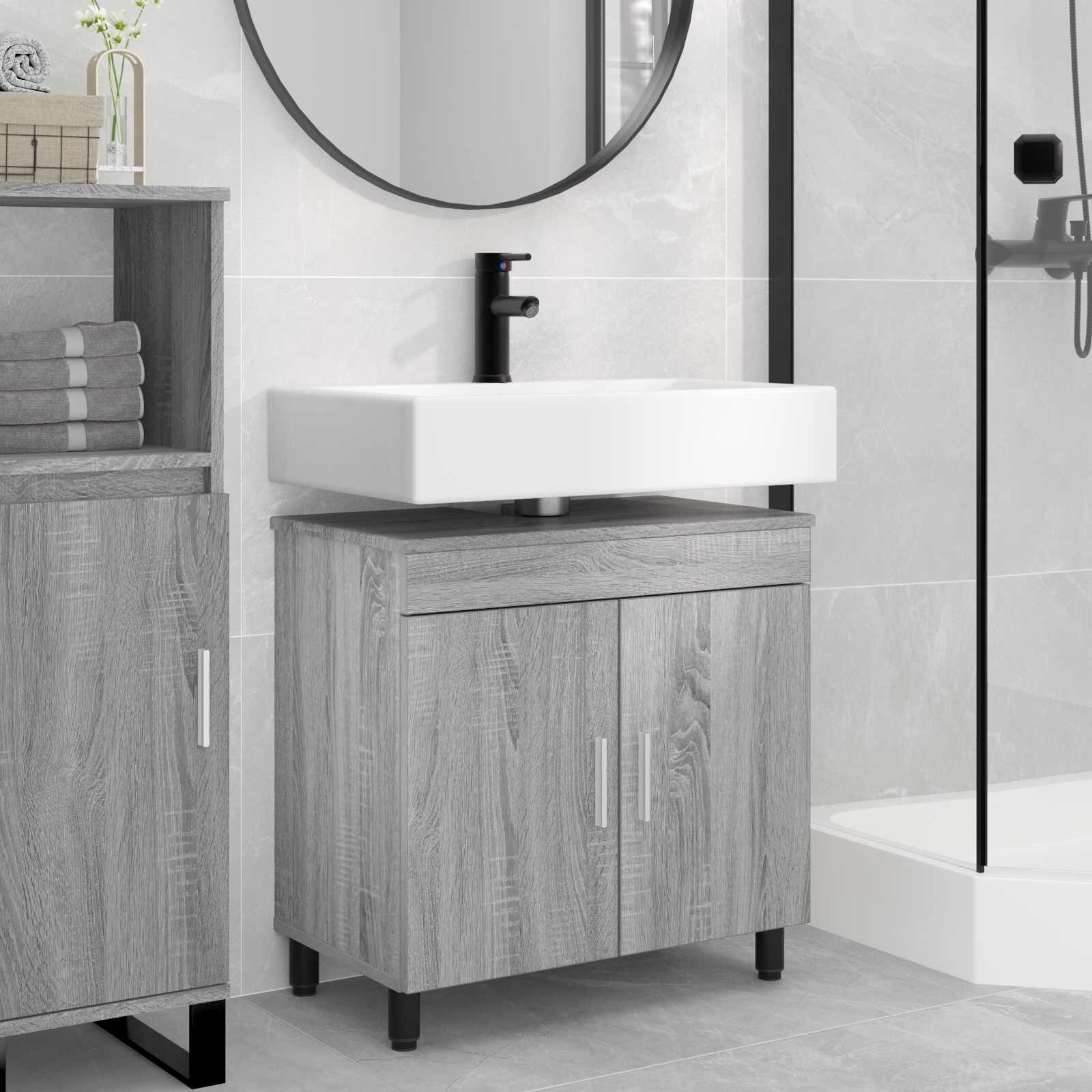 vidaXL Шкаф със светло за баня Сив Сонома 60 x 35 x 60 см