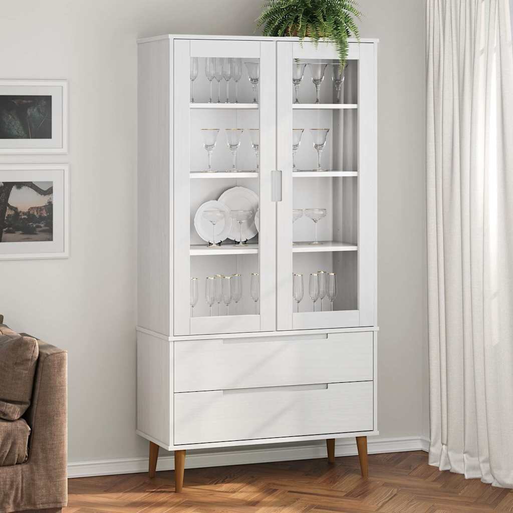 vidaXL Шкаф витрина MOLDE бял 90x35x175 см бор масив