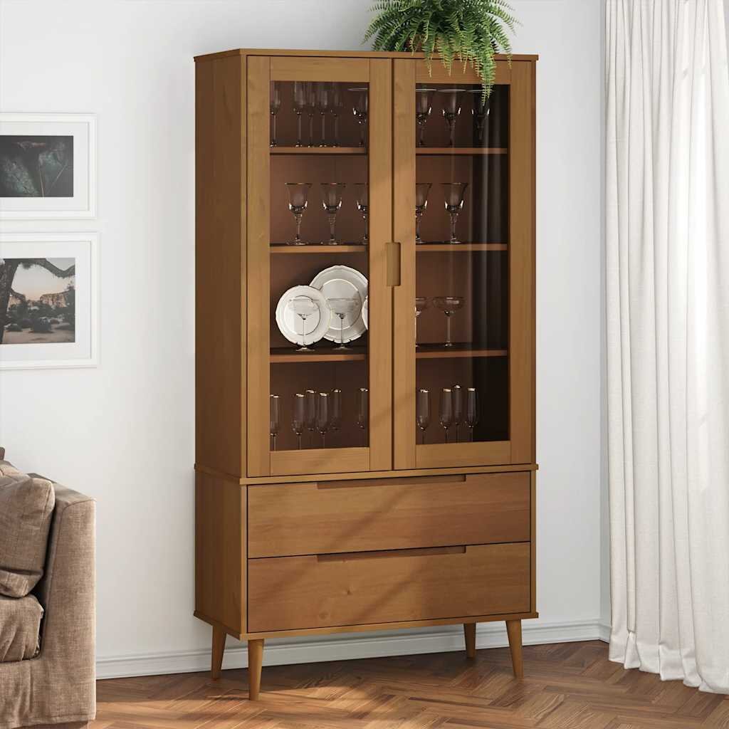 vidaXL Шкаф витрина MOLDE кафяв 90x35x175 см бор масив