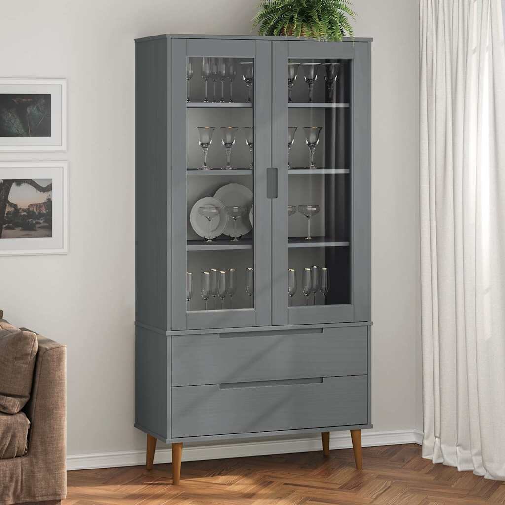 vidaXL Шкаф витрина MOLDE сив 90x35x175 см бор масив