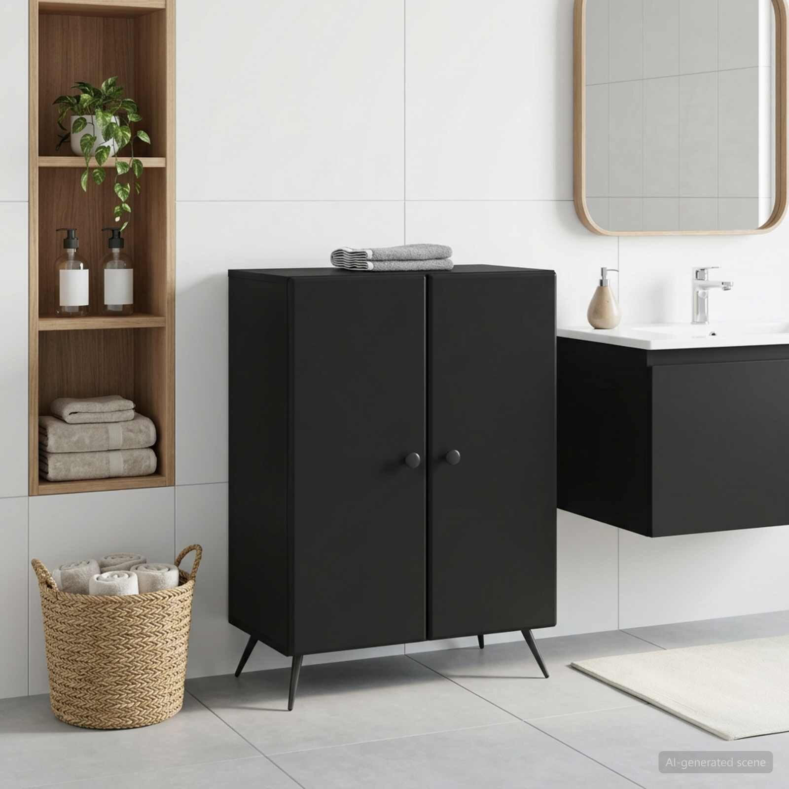 vidaXL Шкаф за баня BREDA Черно 595 x 31 x 80 см Инженерна дървесина