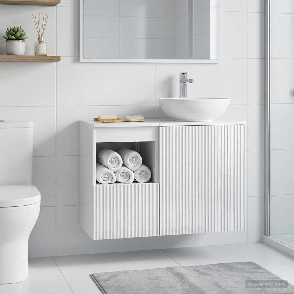 vidaXL Шкаф за баня Бял гланц 30 x 445 x 50 см Инженерна дървесина