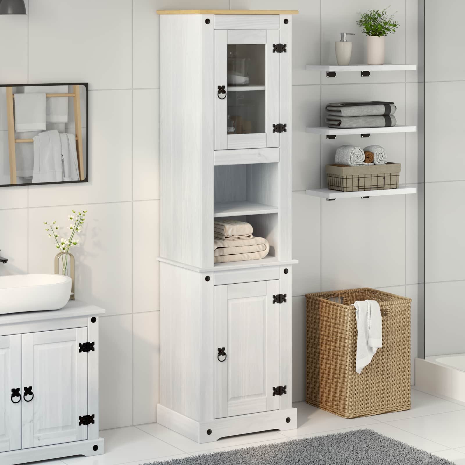 vidaXL Шкаф за баня Бяло 50 x 40 x 185 см Солидно борово дърво