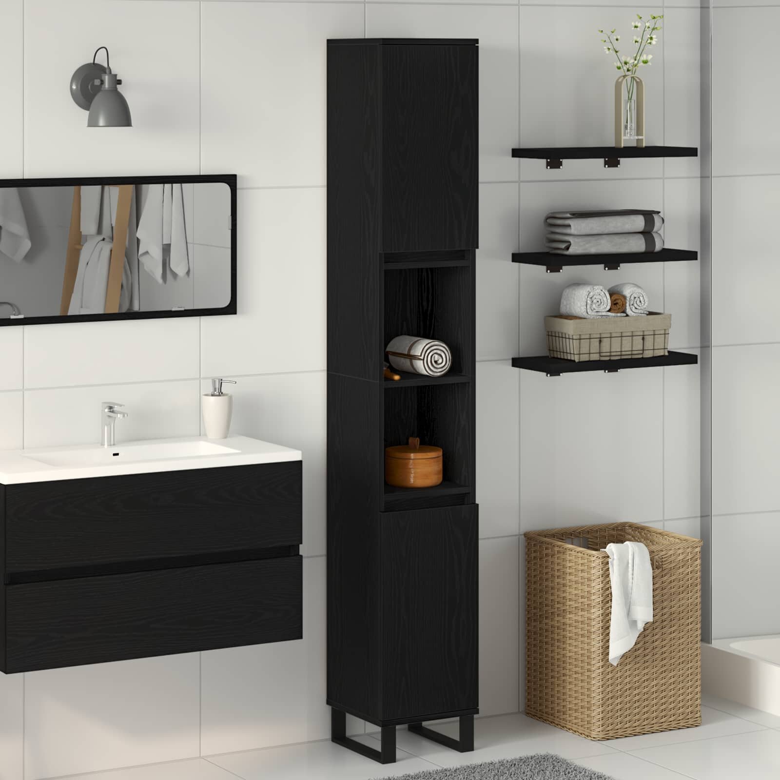 vidaXL Шкаф за баня Черния дъб 30 x 30 x 190 см Инженерна дървесина