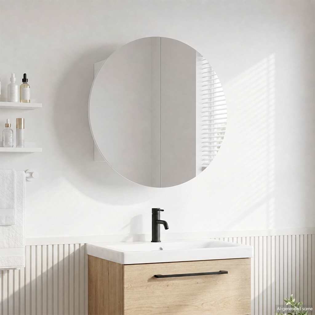 vidaXL Шкаф за баня с кръгло огледало и LED бял 47x47x175 см