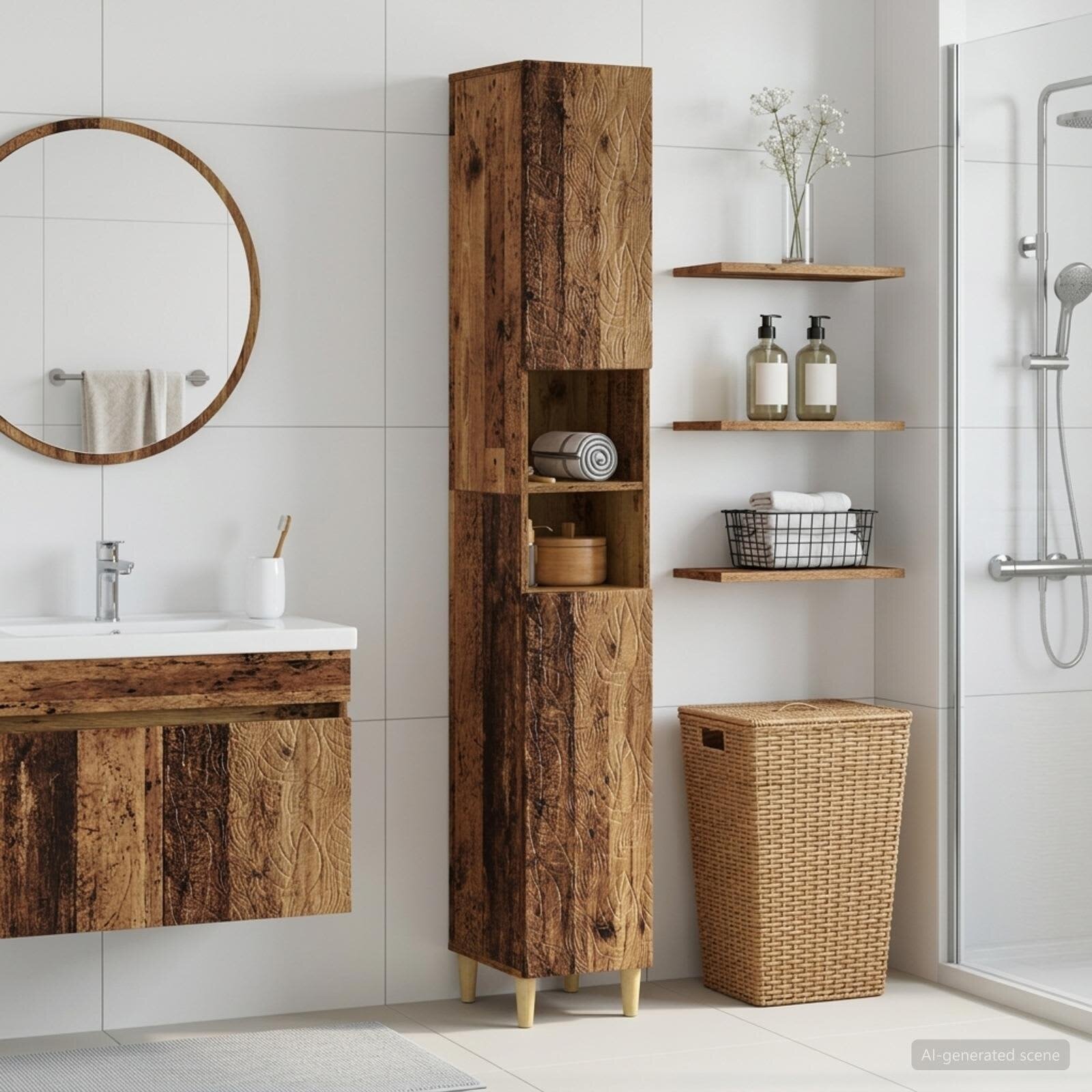 vidaXL Шкаф за баня с отворена рафт DELFT Старо дърво 30 x 31 x 190 см