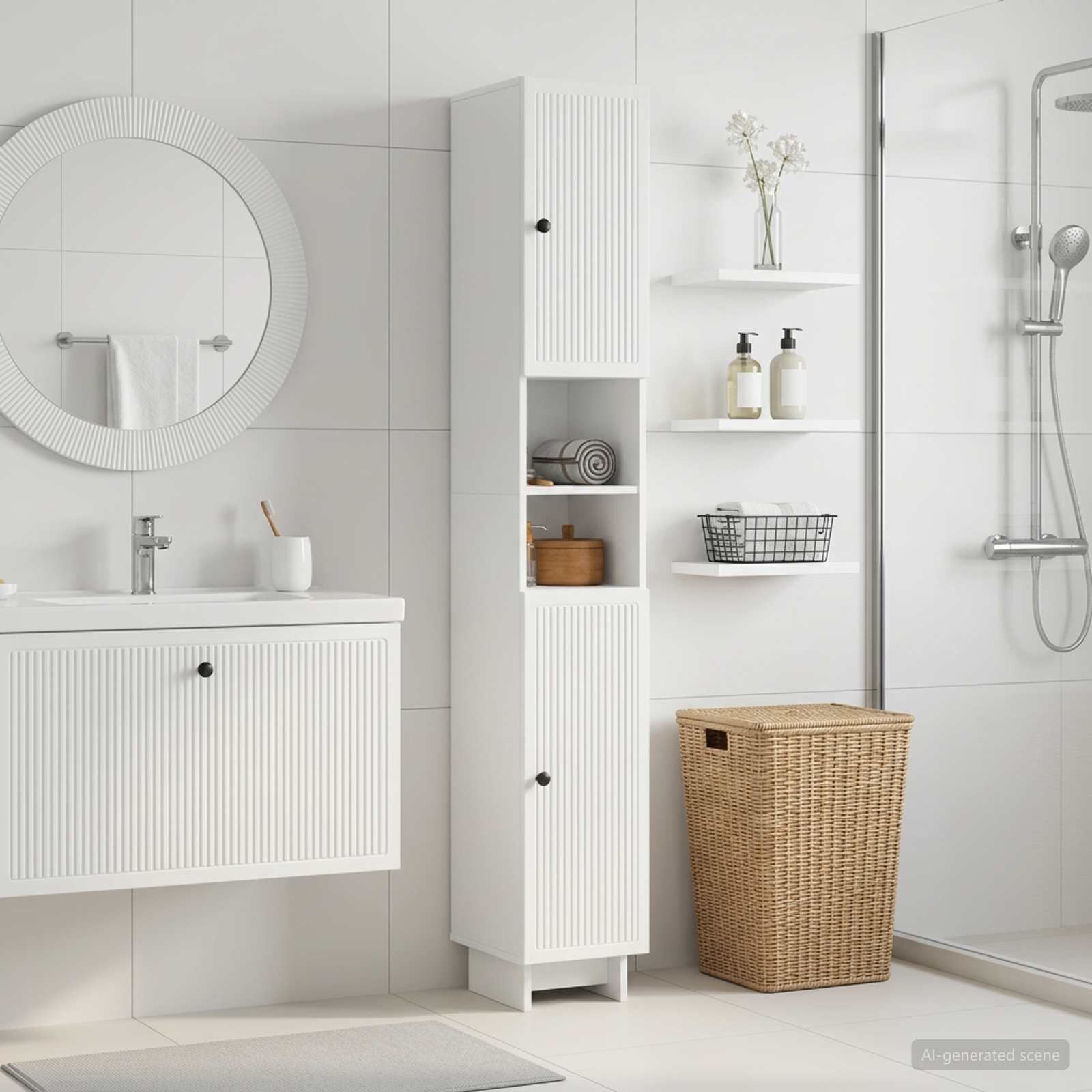 vidaXL Шкаф за баня с отворена рафт EDE Бял гланц 30 x 31 x 190 см