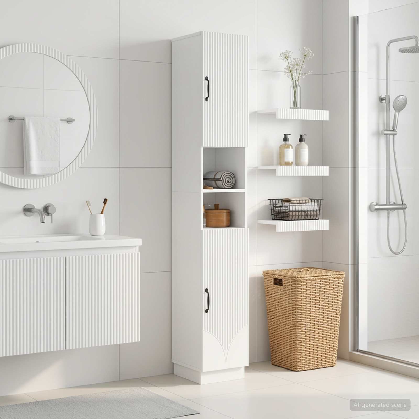 vidaXL Шкаф за баня с отворена рафт HOORN Бял гланц 30 x 31 x 187 см