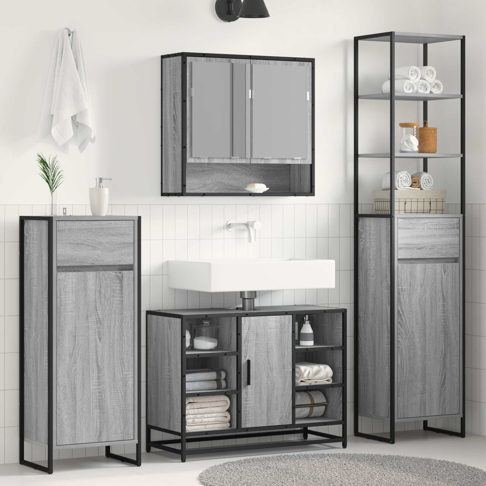 vidaXL Шкаф за баня Сив Сонома 40 x 30 x 100 см Инженерна дървесина