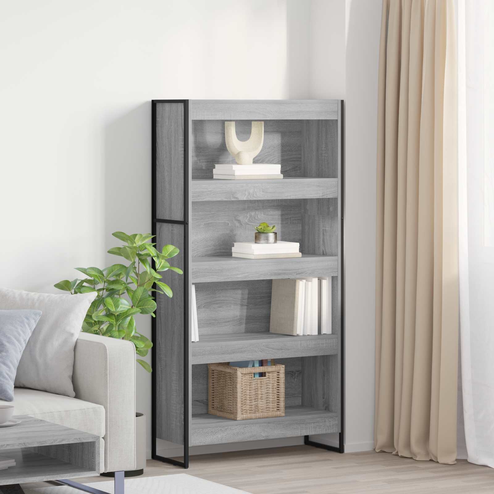 vidaXL Шкаф за книги 80 x 30 x 155 см Инженерна дървесина Сив Сонома