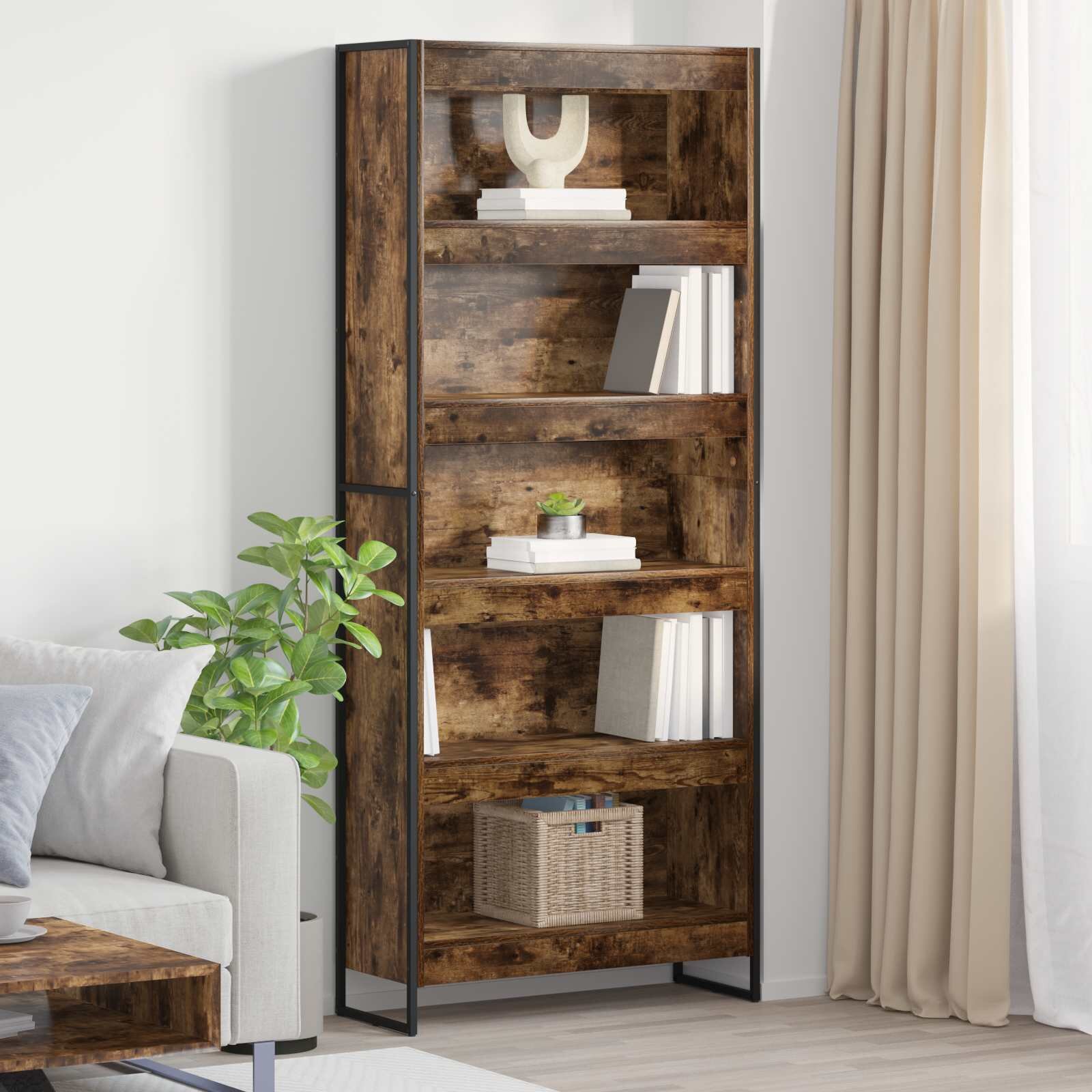vidaXL Шкаф за книги 80 x 30 x 1895 см Инженерна дървесина Димящ дъб