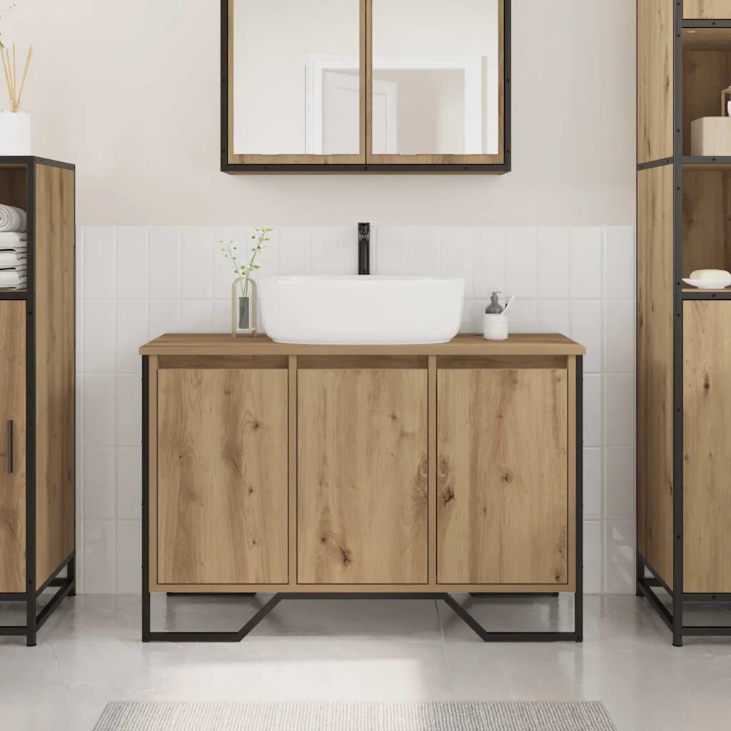 vidaXL Шкаф за мивка в баня Дъб 91 x 35 x 60 см Инженерна дървесина