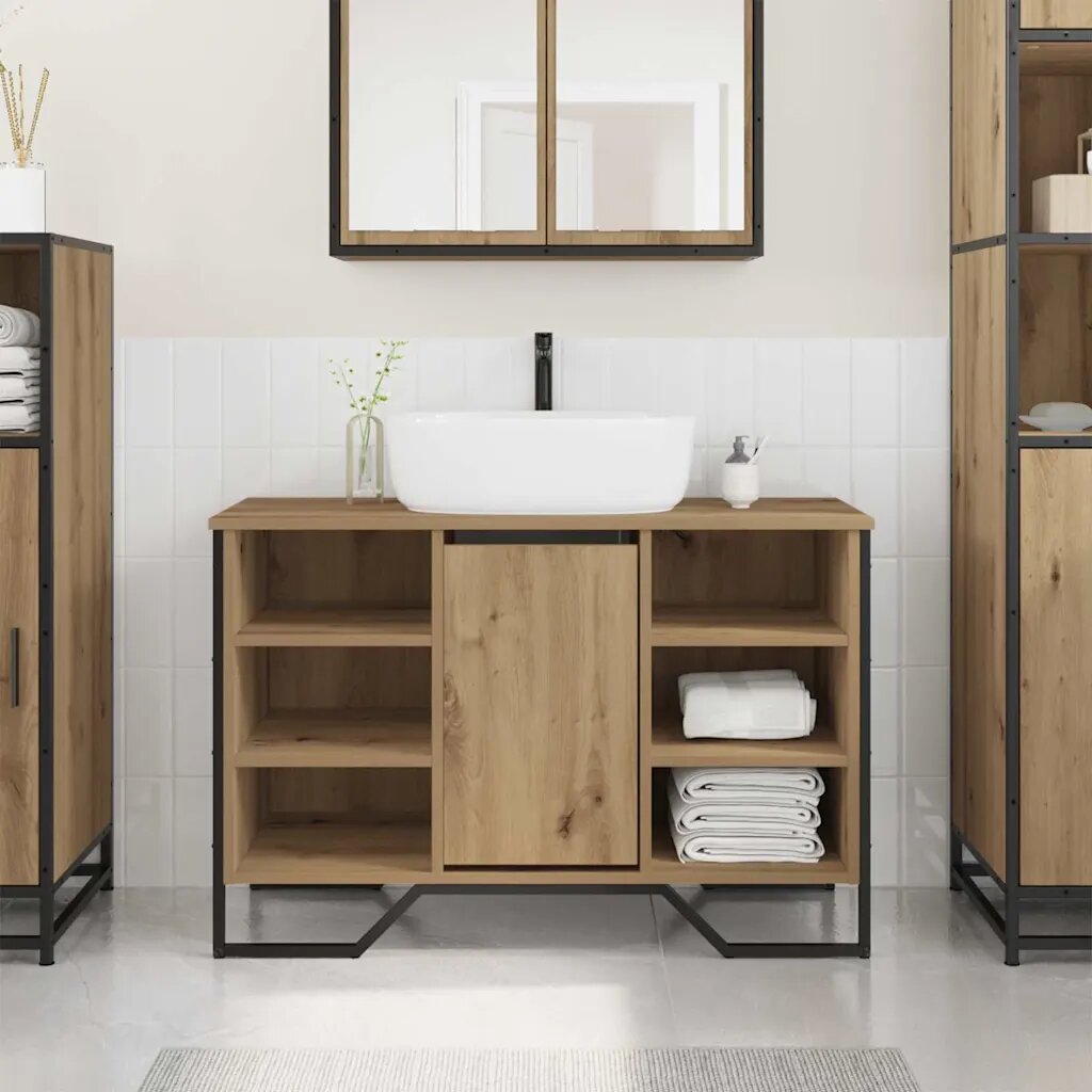 vidaXL Шкаф за мивка в баня Дъб 91 x 35 x 60 см Инженерна дървесина
