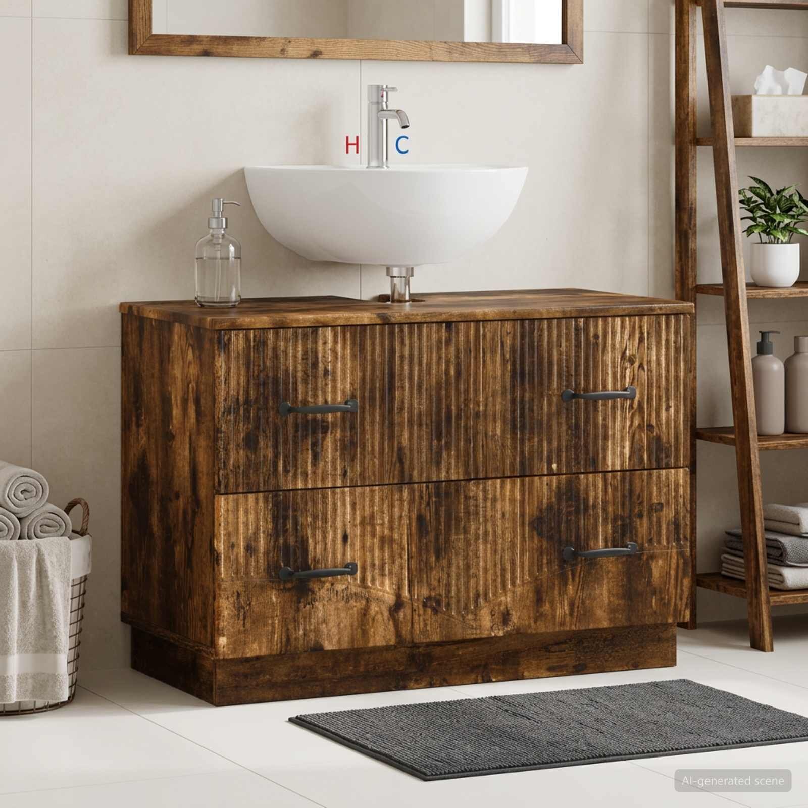 vidaXL Шкаф за мивка в баня HOORN Опушен дъб 82 x 41 x 56 см