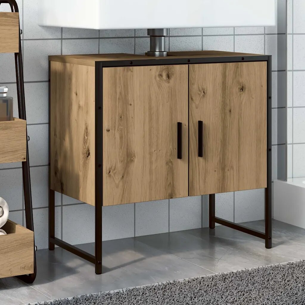 vidaXL Шкаф за мивка за баня дъб артизан 60x33x60см инженерно дърво