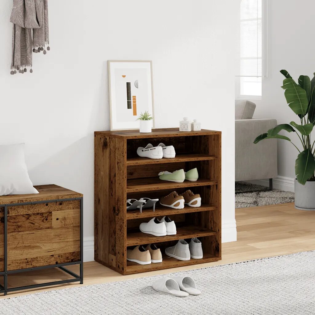 vidaXL Шкаф за обувки 60 x 35 x 70 cm Старо дърво 20 кг на рафт