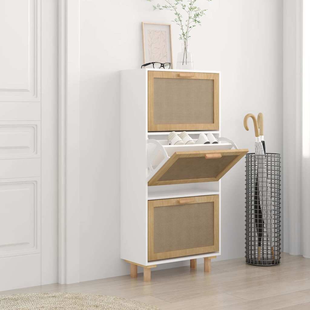 vidaXL Шкаф за обувки бял 52x25x115 см инженерно дърво и ратан