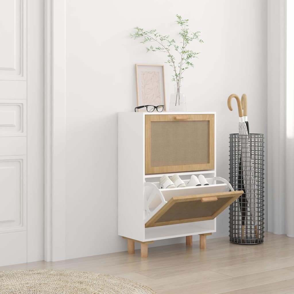 vidaXL Шкаф за обувки бял 52x25x80 см инженерно дърво и ратан