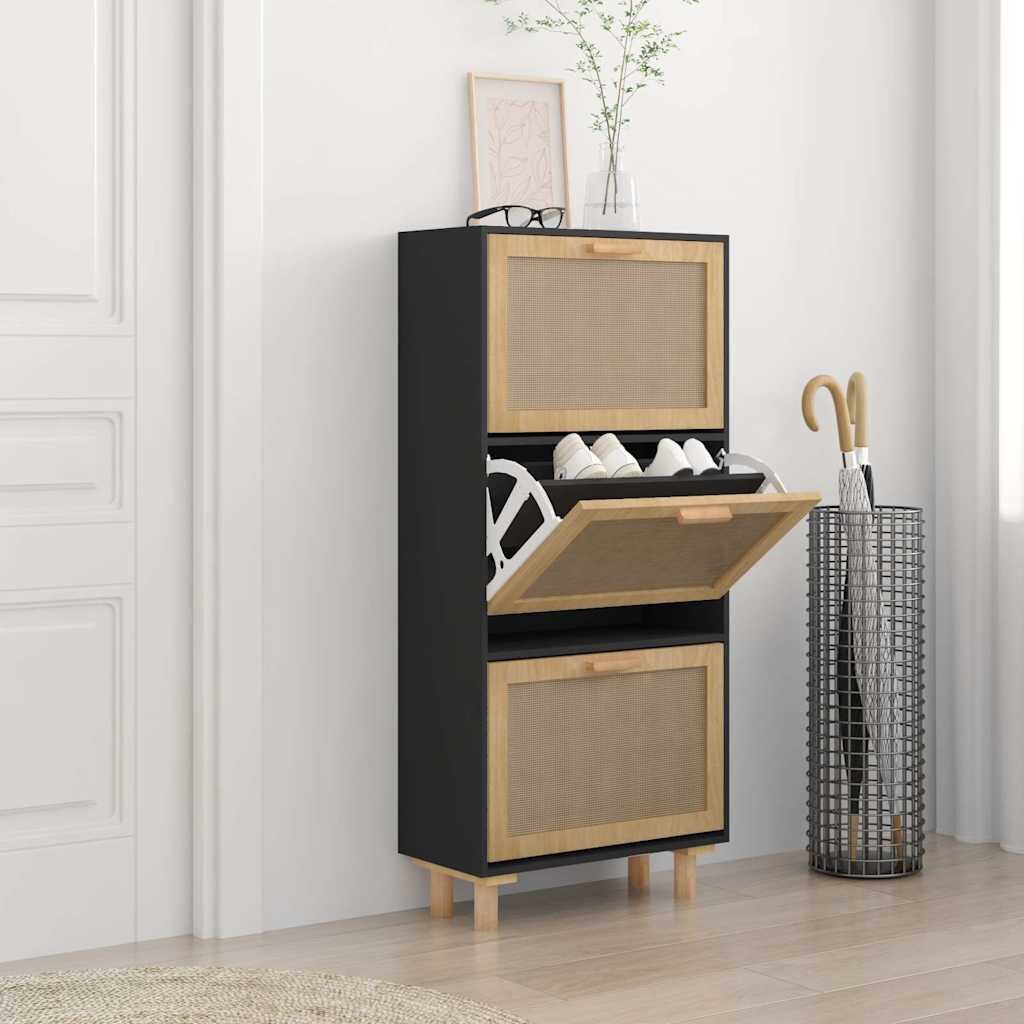 vidaXL Шкаф за обувки черен 52x25x115 см инженерно дърво и ратан