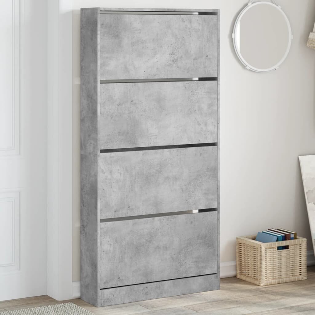 vidaXL Шкаф за обувки с 4 флип чекмеджета бетонно сив 80x21x1635 см
